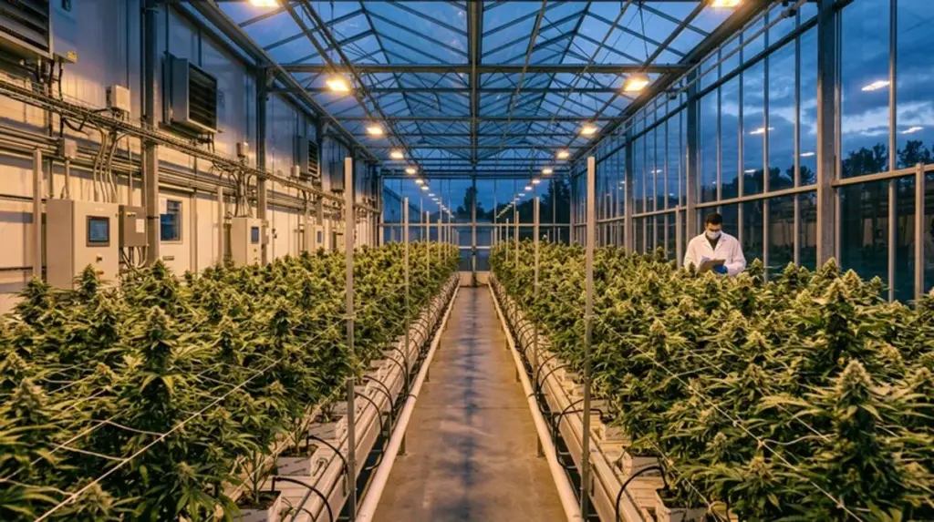 Cannabis cultivation rows greenhouse professional pharmaceutical EU certified